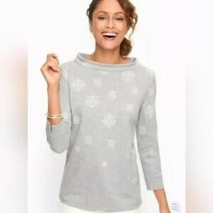 Talbots Top Large Gray Stretchy Funnel Neck Snowflake Winter Classic Traditional